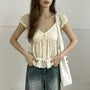 Puff Sleeve V-Neck Polka Dot Ruffled-trim A-Line Blouse