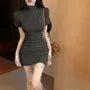 Short Sleeve Mock Neck Plain Ruched Bodycon Mini Dress