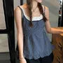 Mock Two Piece Square-Neck Lace-Trim Color-Block Checked Cami Top