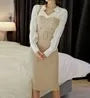 Mock Two-Piece Long-Sleeve Double-Breasted Midi Bodycon Dress
