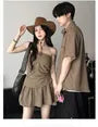 Couple Matching Short-Sleeve Collared Plain Shirt / Ruched Tube Top / High Waist Mini A-Line Skirt / Set