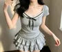 Short Sleeve V-Neck Bow Panel Lace T-Shirt