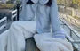 Striped Fleece Padded Button Jacket / Scarf