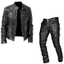 Set: Stand Collar Plain Faux Leather Zip Biker Jacket + Mid Rise Straight Leg Cargo Pants