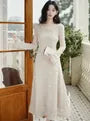 Long-Sleeve Round Neck Plain Lace Maxi A-Line Dress
