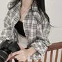 Long-Sleeve Button-Up Plaid Crop Blouse