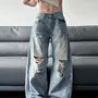 Low Rise Washed Distressed Wide Leg Jeans