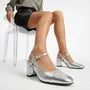 Slingback Denim/ Faux Leather Mary Jane Block Heel Pumps