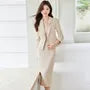 Set: Notch Lapel Plain Single Breasted Blazer + High Waist Midi Pencil Skirt