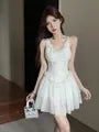 Spaghetti Strap V-Neck Plain Lace Ruffle Trim Mini A-Line Dress