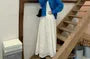 Spaghetti Strap Tie Front Lace Maxi A-Line Dress / Crew Neck Button-Up Plain Cable Knit Cardigan