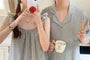 Couple Matching Short-Sleeve Lapel Collar Contrast Trim Button Pajama Top / Lace Trim Tank Top / Lounge Shorts / Set (Various Designs)