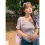 Short Sleeve Round Neck Striped Side-Drawstring Crop T-Shirt