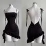 Spaghetti Strap Plain Open Back Ruffle Asymmetrical Mini Bodycon Dress