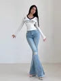 High Waist Washed Distressed Flared Jeans