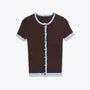 Short Sleeve Color-Block Ruffled-Trim Button-Up Slim-Fit Knit Top