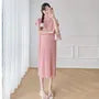 Maternity Short Sleeve Collared Plain Accordion Pleated Knit Midi A-Line Dress