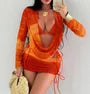 Set: Halter Plain Bikini Top + Tie Side Bottom + Long Sleeve Deep Plunge Cover Up Top + Drawstring Cover Up Skirt