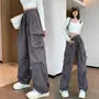 High Waist Plain Drawstring Cargo Baggy Pants