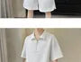 Set: Elbow-Sleeve Plain Textured Half-Zip Polo Shirt + Drawstring Waist Wide Leg Sweat Shorts