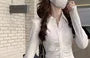 Long-Sleeve Plain Ruched Button-Up Slim Fit Shirt / High Rise Pleated Mini A-Line Skirt