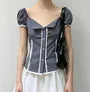 Puff Sleeve Square-Neck Lace Panel Gingham Slim-Fit Blouse