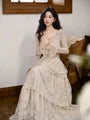 Long-Sleeve V-Neck Lace Maxi A-Line Tiered Dress