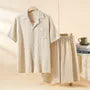 Pajama Set: Short-Sleeve Lapel Collar Plain Button Top + Lounge Shorts