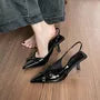 Kitten Heel Pointed Toe Plain Buckled Patent Leather Slingback Sandals