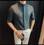 Elbow-Sleeve Stand Collar Button-Up Plain Shirt