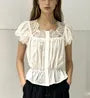 Puff Sleeve Square-Neck Lace Panel Plain Slim-Fit Blouse