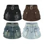 High Waist Belted Mini Denim Cargo Skort