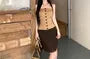 Plain Button Ribbed Knit Tube Top / High Waist Plain Mesh Mini Pencil Skirt