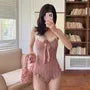 Set: Spaghetti Strap Flower Detail Ruffle Panel Lace Swimsuit + Cover Up Jacket