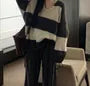 Long-Sleeve V-Neck Striped Sweater / High Rise Plain Wide Leg Pants