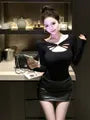 Long-Sleeve V-Neck Plain Cutout Slim Fit T-Shirt / High Waist Faux Leather Mini Pencil Skirt