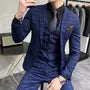 Set: Notch Lapel Plaid Single Breasted Blazer + V-Neck Single Breasted Vest + Mid Rise Cropped Slim Fit Dress Pants