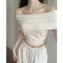 Off Shoulder Short Sleeve Plain Cropped Top
