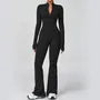 Long-Sleeve Half-Zip Plain Flared Yoga Jumpsuit