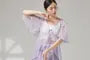Elbow-Sleeve V-Neck Tie Front Plain Dance Top / High Waist Asymmetrical Skirt Overlay Wide Leg Pants