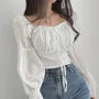 Cinched Sleeve Square Neck Plain Ruched Tie Front Blouse