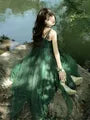 Set: Spaghetti Strap Leaf Accent Bow Asymmetrical Midi A-Line Dress + Choker