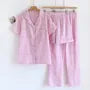 Pajama Set: Short-Sleeve Lapel Collar Plaid Button-Up Top + Shorts + Pants