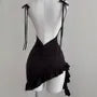 Spaghetti Strap Plain Open Back Ruffle Asymmetrical Mini Bodycon Dress