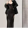 Spaghetti Strap V-Neck Lace Slit Midi Sheath Dress
