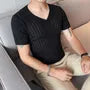 Short-Sleeve V-Neck Plain Pointelle T-Shirt
