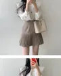 Long-Sleeve Layered Collar Plain Heart Button Blouse / High Waist Plain Accordion Pleated Mini A-Line Skirt