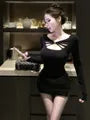 Long-Sleeve V-Neck Plain Cutout Slim Fit T-Shirt / High Waist Faux Leather Mini Pencil Skirt