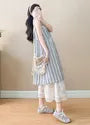 Maternity Sleeveless Round Neck Striped Button Midi A-Line Dress / Drawstring Waist Plain Lace Wide Leg Pants