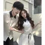 Couple Matching Short-Sleeve Striped Shirt / Mini A-Line Shirt Dress / Set